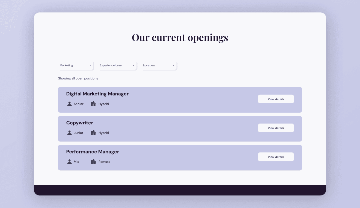 Career hub website design openings page