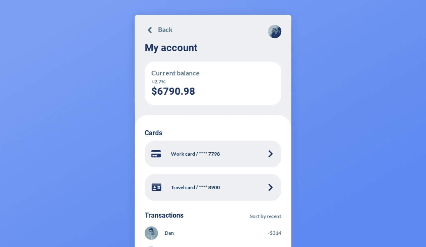 money transder app design account screen