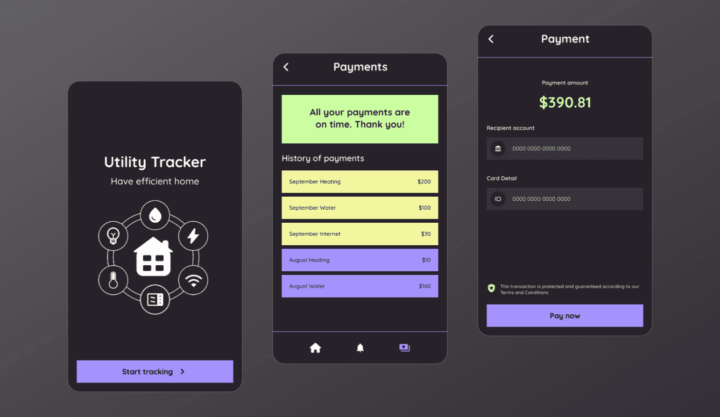 Utility tracker dark mode app UI design template