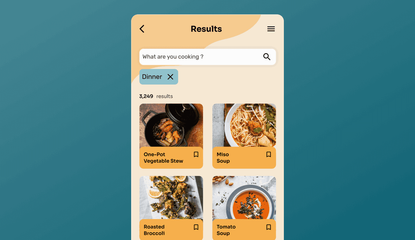 Recipe app UI design template results screen