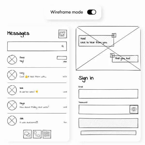 Video of Visual showing Uizard's features for rendering a design as a low-fi wireframe or as an high-fi mockup