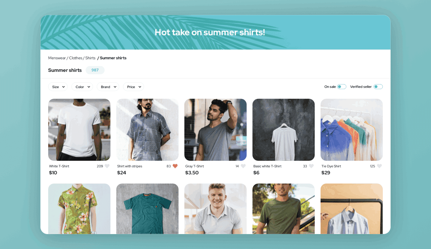marketplace website design template shirts category