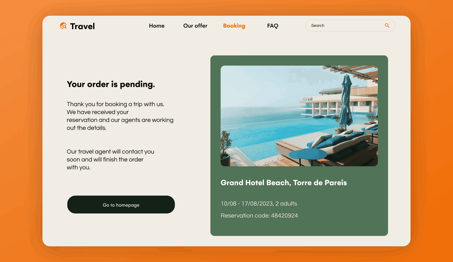 Travel agency website design order page