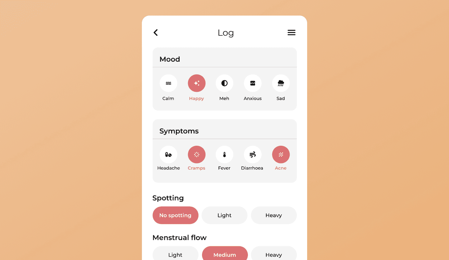 Cycle tracking app UI design log screen