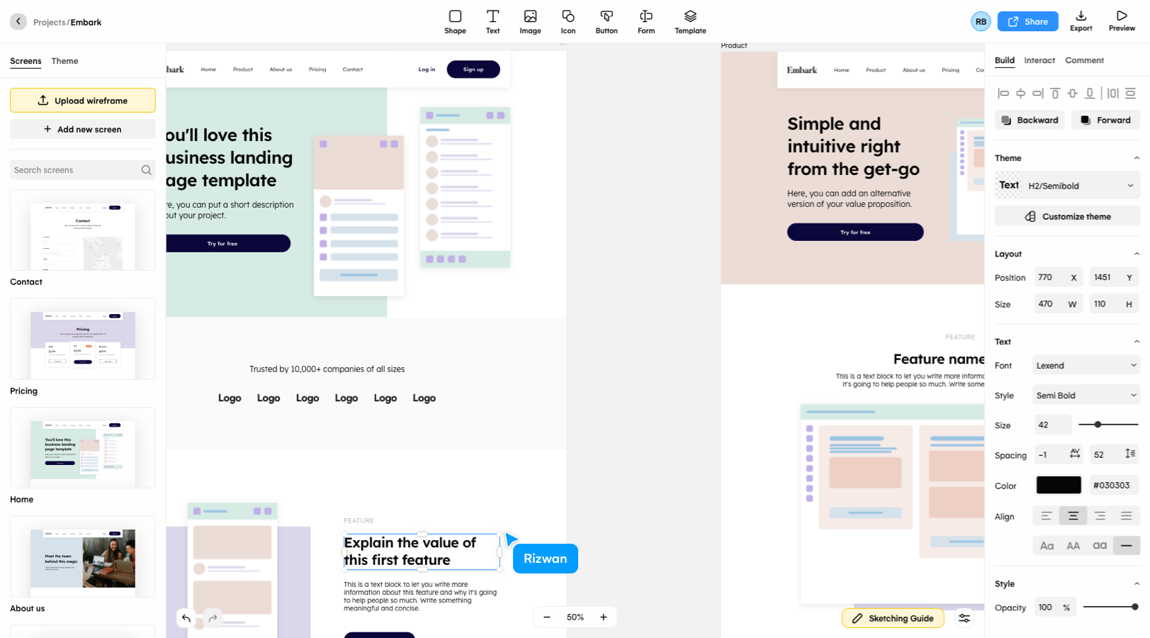 Creating a website design mockup in Uizard