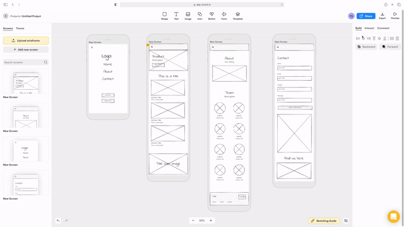 Animated gif of a low-fidelity wireframe prototype in Uizard