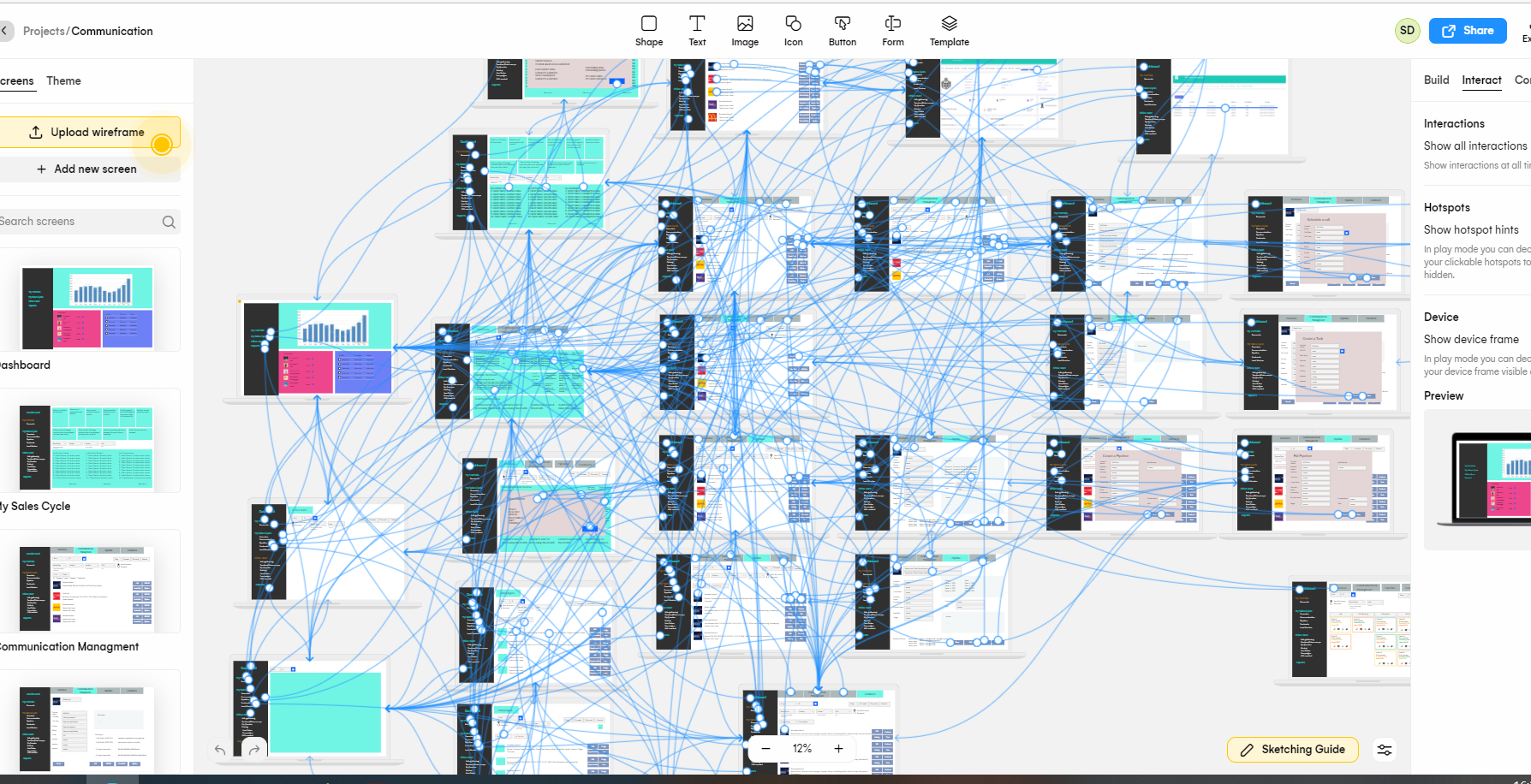 Interactions among Code Line Solutions' internal CRM screens in Uizard