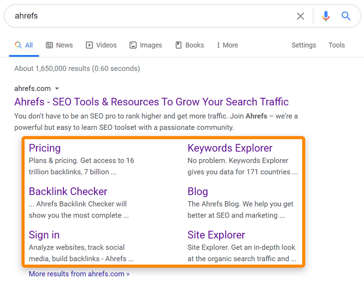 An example of Ahrefs sitelinks in Google search results.