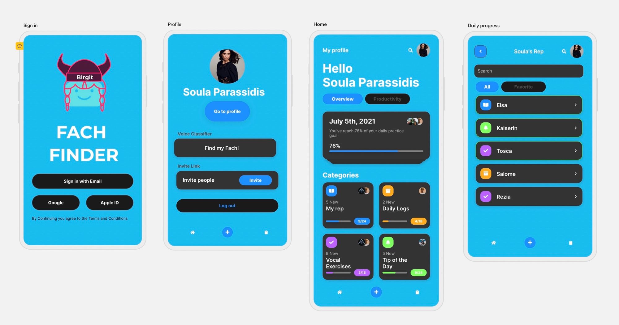 Living Opera's prototype in Uizard, featuring our Productivity Mobile App template