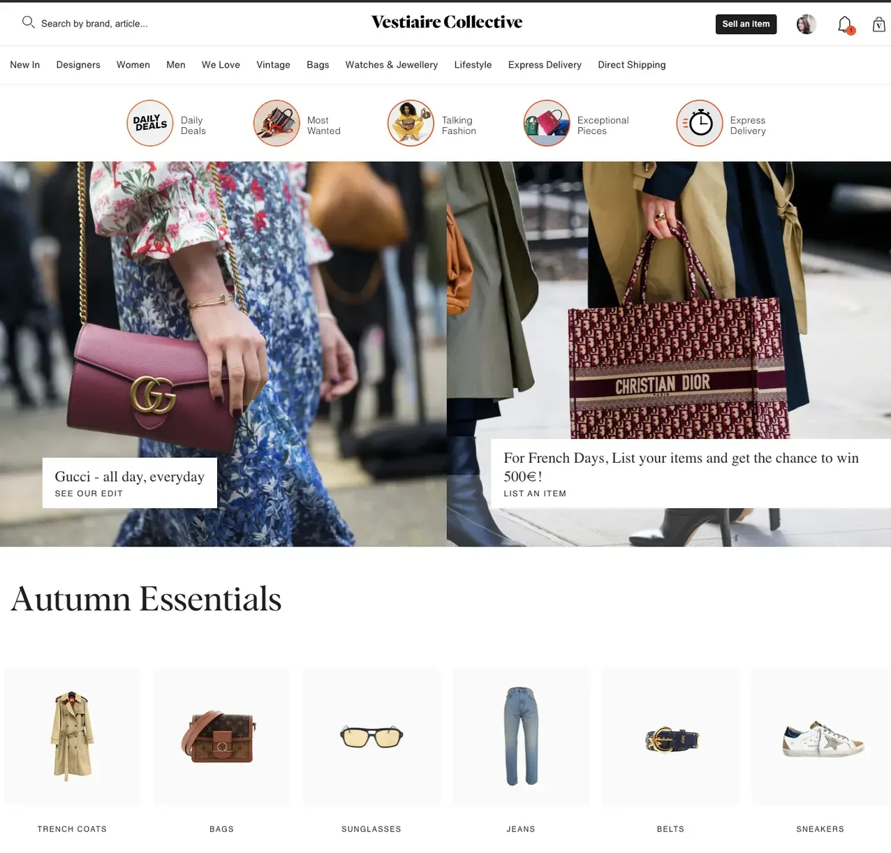 Vestiaire Collective is an example of a pyramid structure that uses search filters to refine and curate product categories.