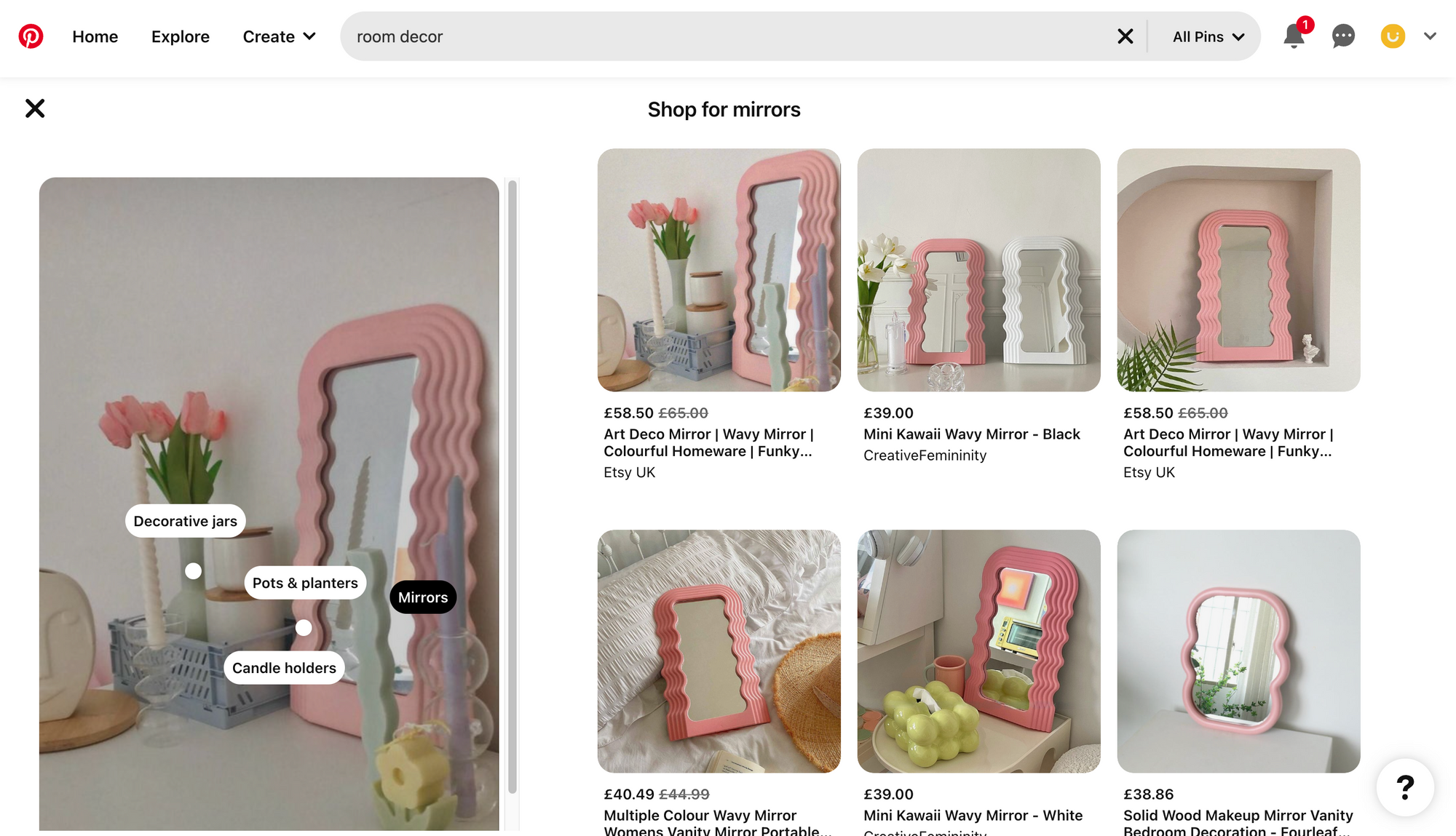 Shopping function on Pinterest's UI design