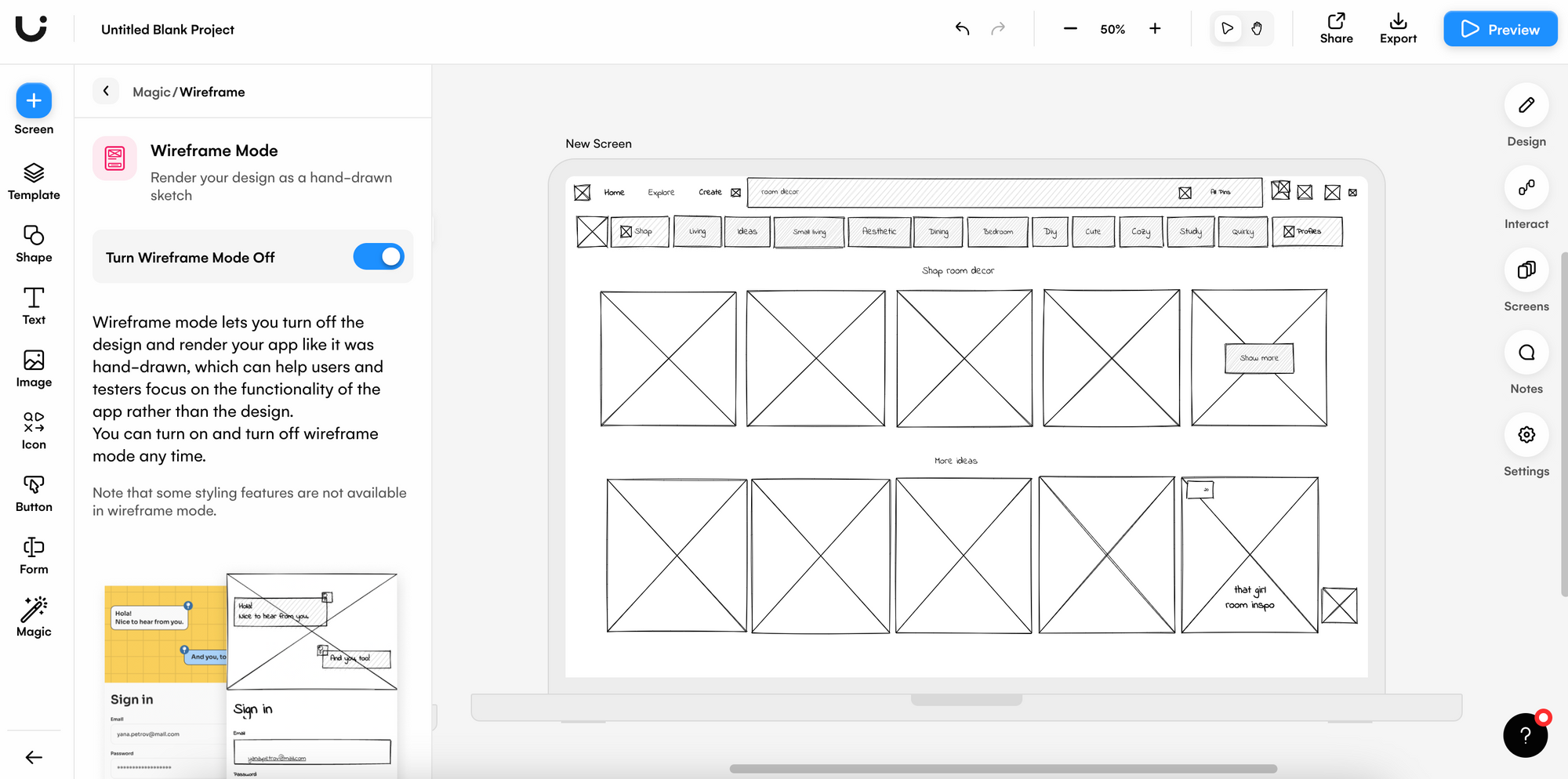 uizard wireframe mode