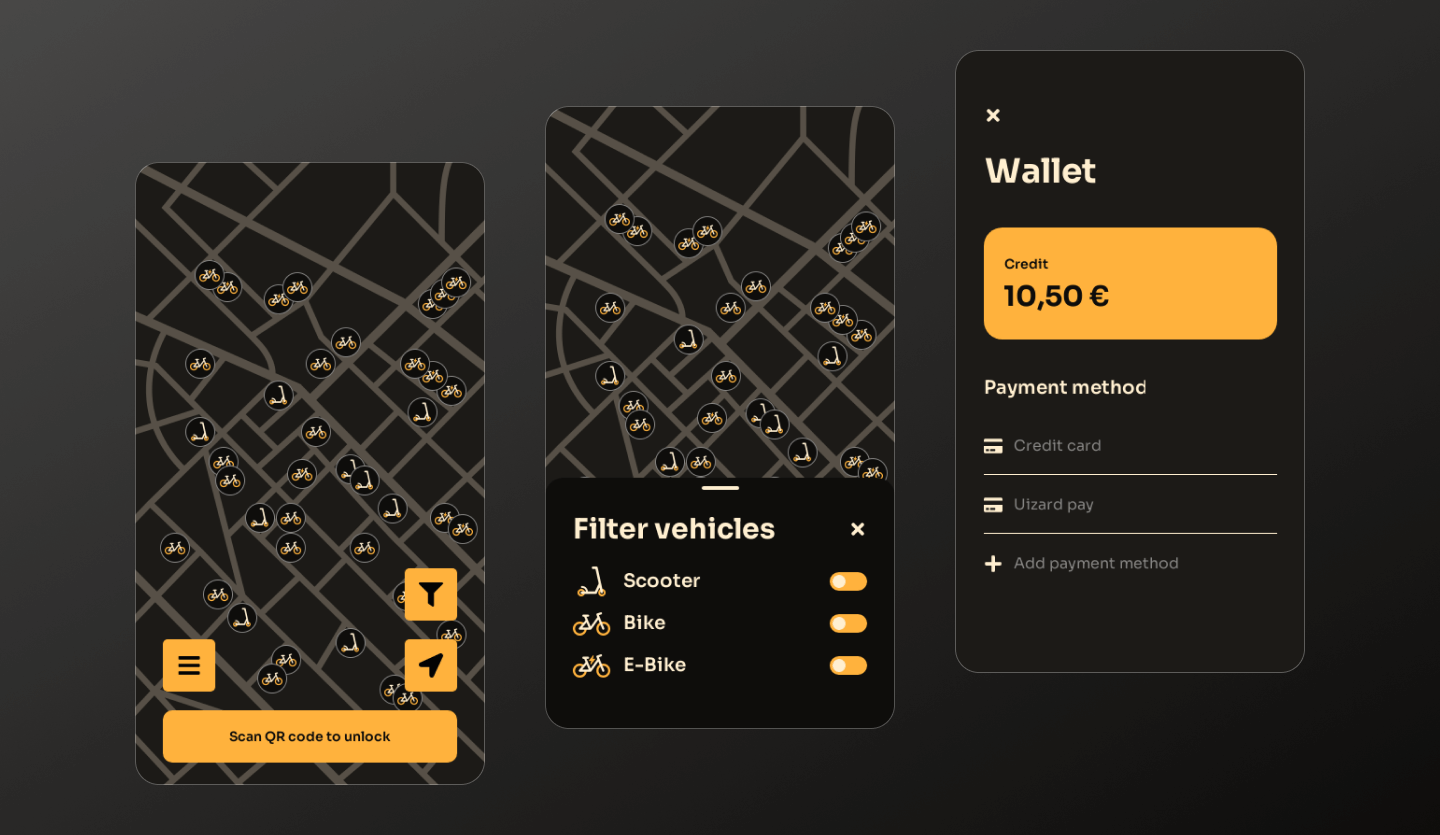 uizard bike rental app design template 