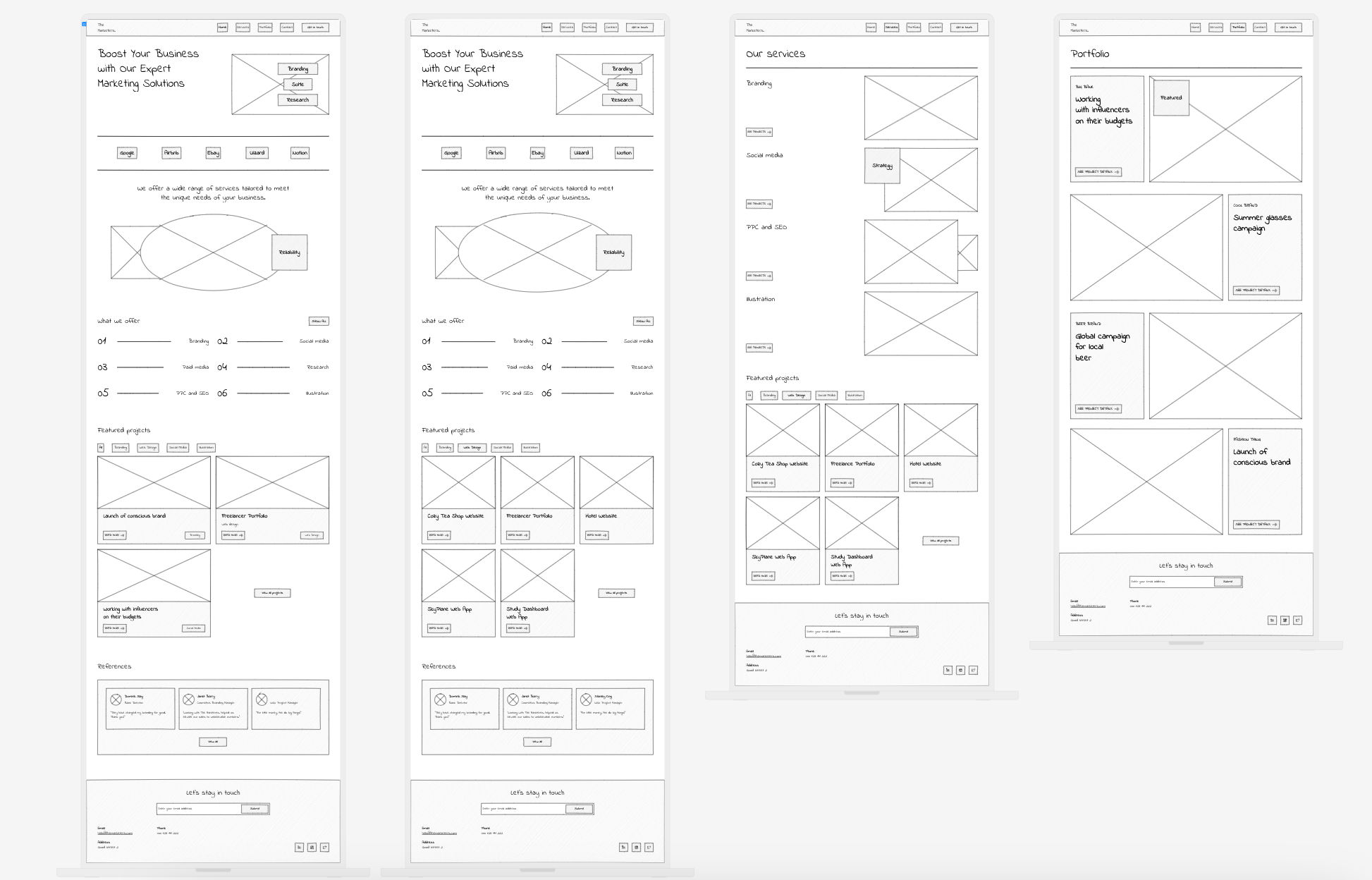 four website wireframe screens in uizard