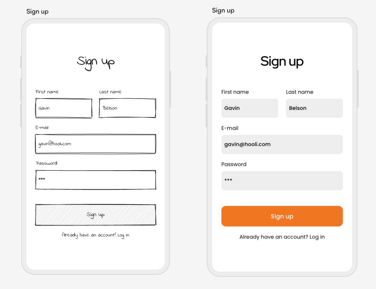 wireframe next to a mockup mobile design