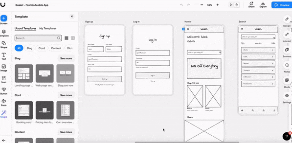 Transform your Uizard low-fidelity wireframes into high-fidelity mockups in one click