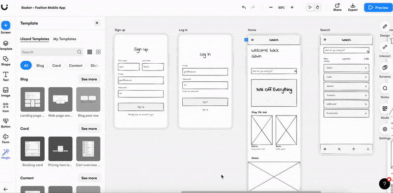 Animated gif of a low-fidelity wireframe prototype in Uizard