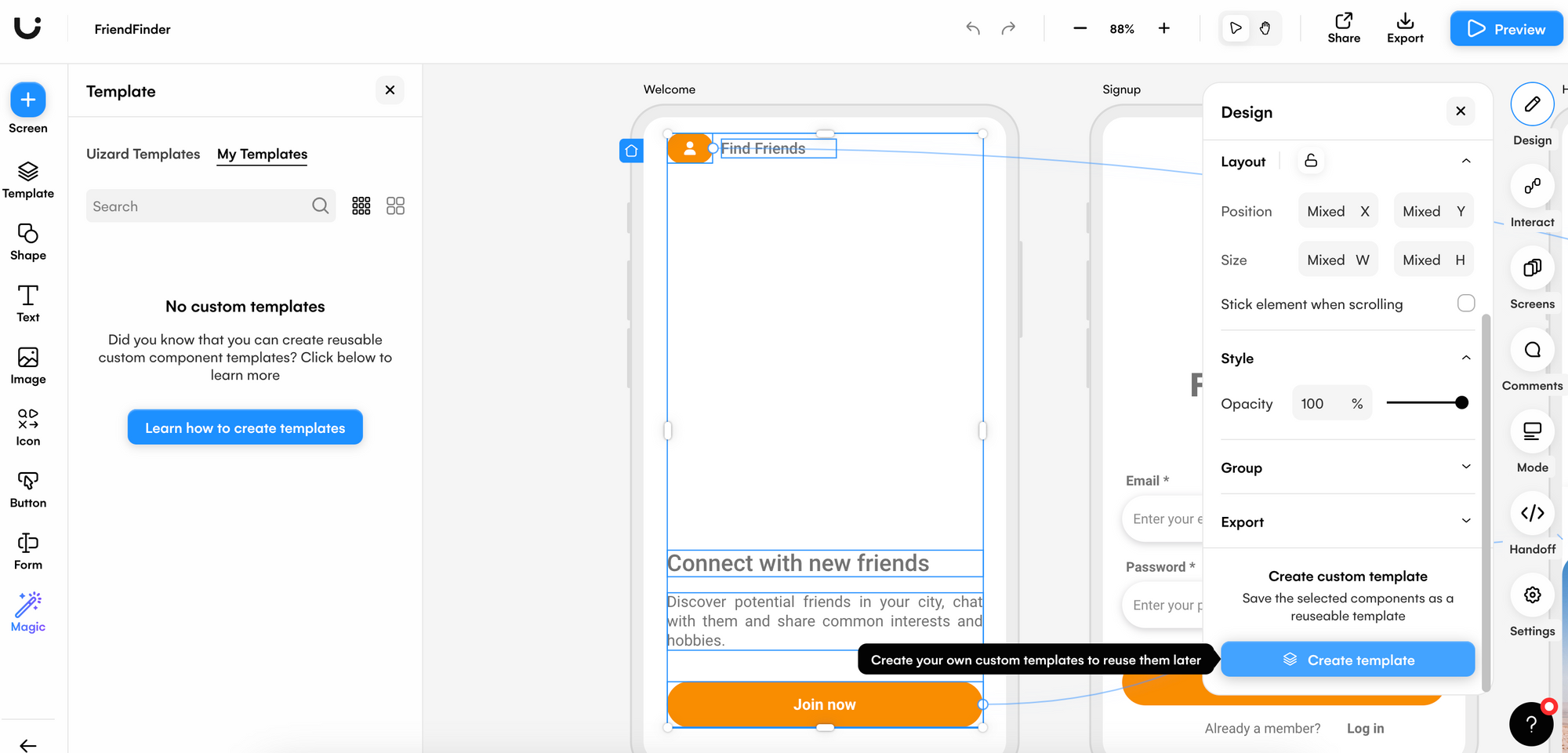 custom component template creation in uizard