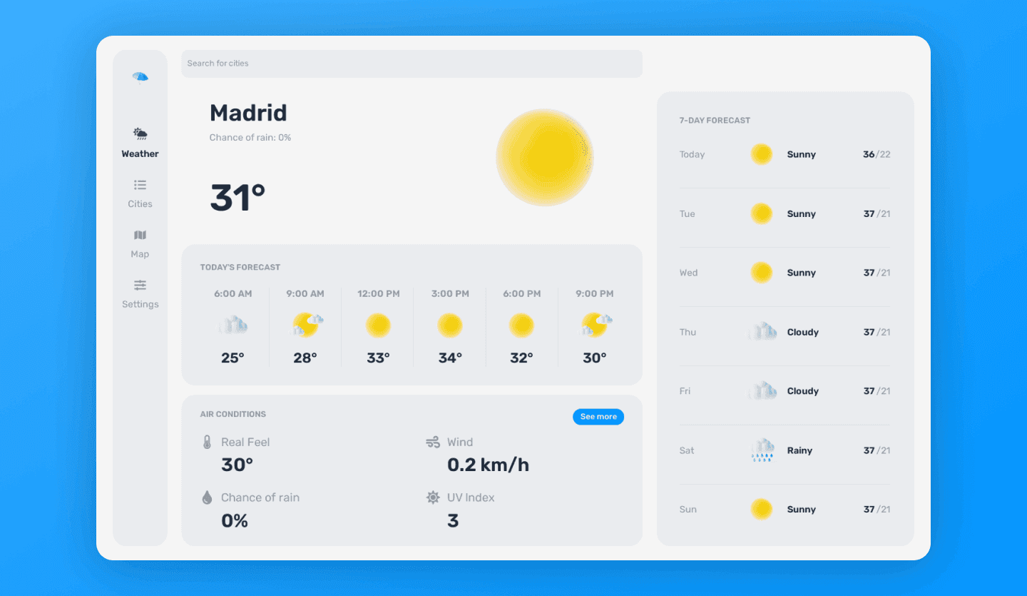 weather web app design template light mode home screen