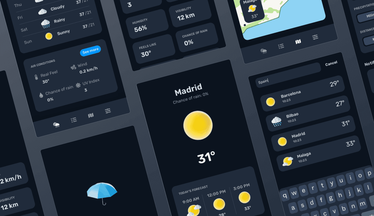 weather mobile app dark mode summary screen