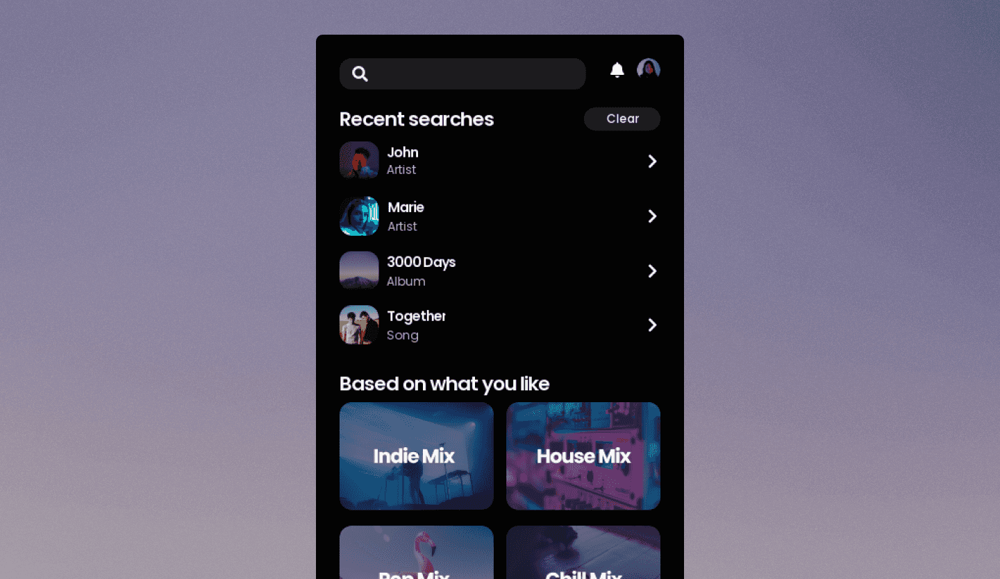 Screenshot of Music Streaming Mobile App: search screen