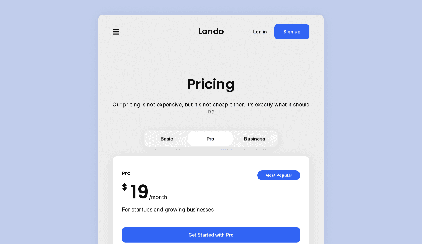 Screenshot of Lando's startup web page optimized for tablet: pricing screen