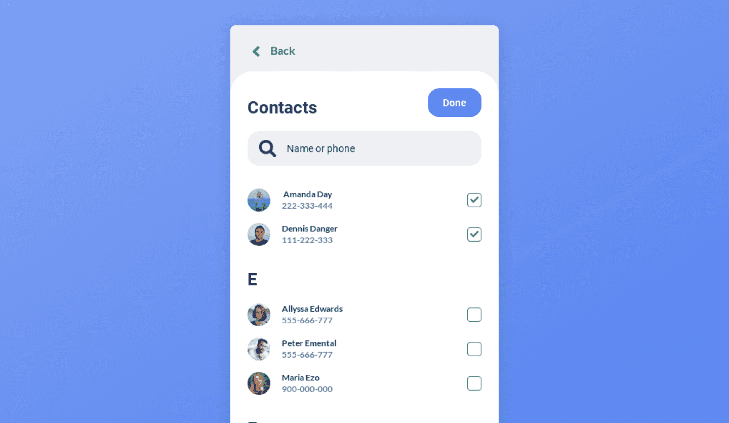 money transder app design contacts screen