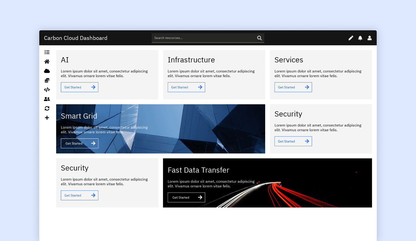 Screenshot of IBM Carbon Cloud Dashboard Web App: home page