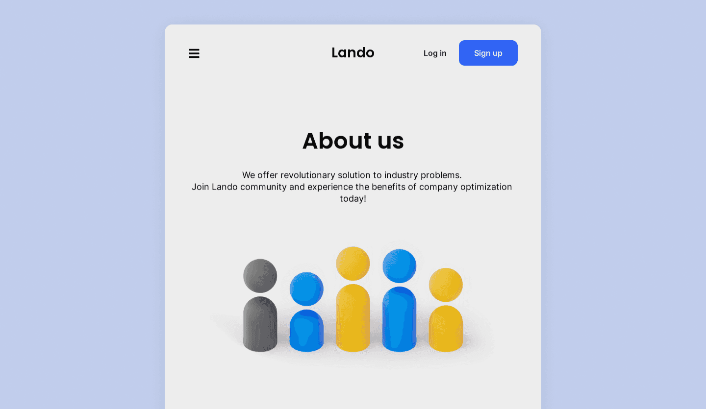 Screenshot of Lando's startup web page optimized for tablet: about us screen