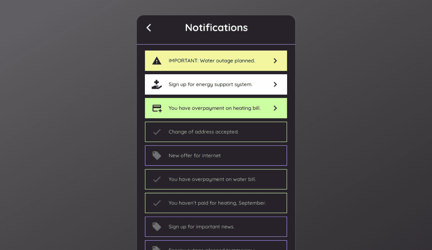 Utility tracker dark mode app UI design template notifications screen