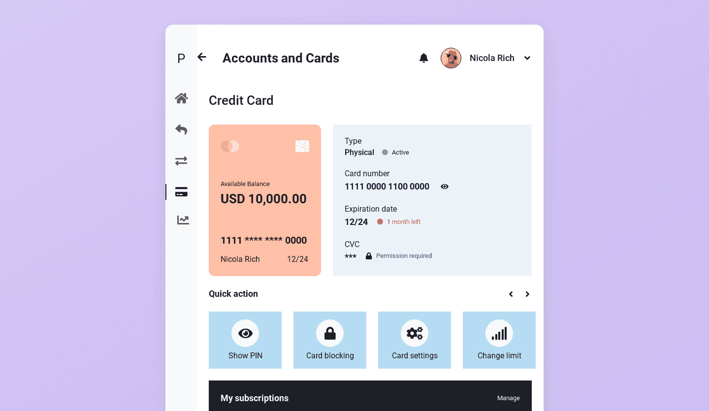Screenshot of Plutus, a tablet banking app: accounts and cards page