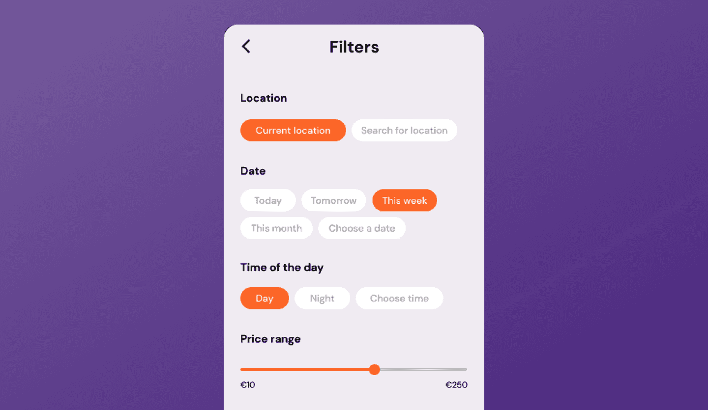 Ticket booking light mode app UI design template filter screen