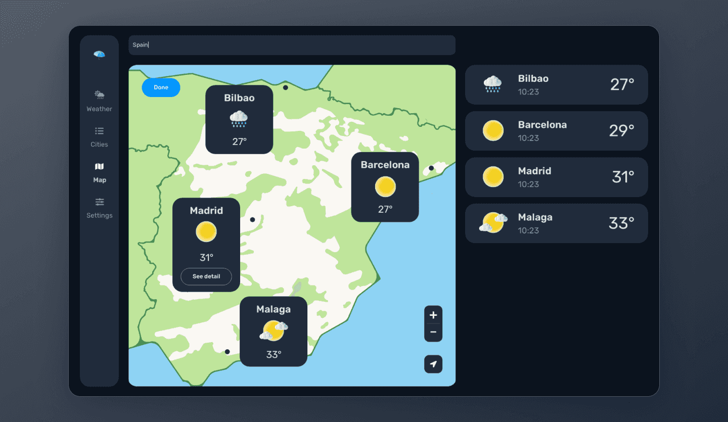 weather tablet app dark design template search screen