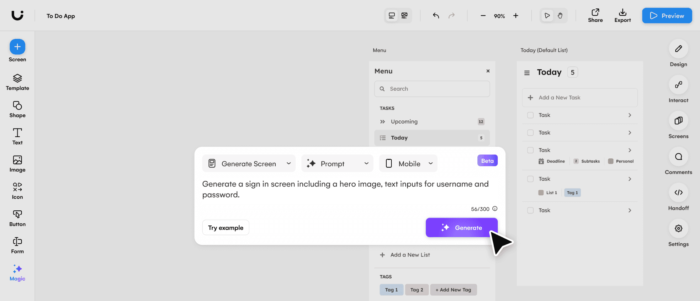 uizard interface showing a text prompt about to be clicked on in the editor
