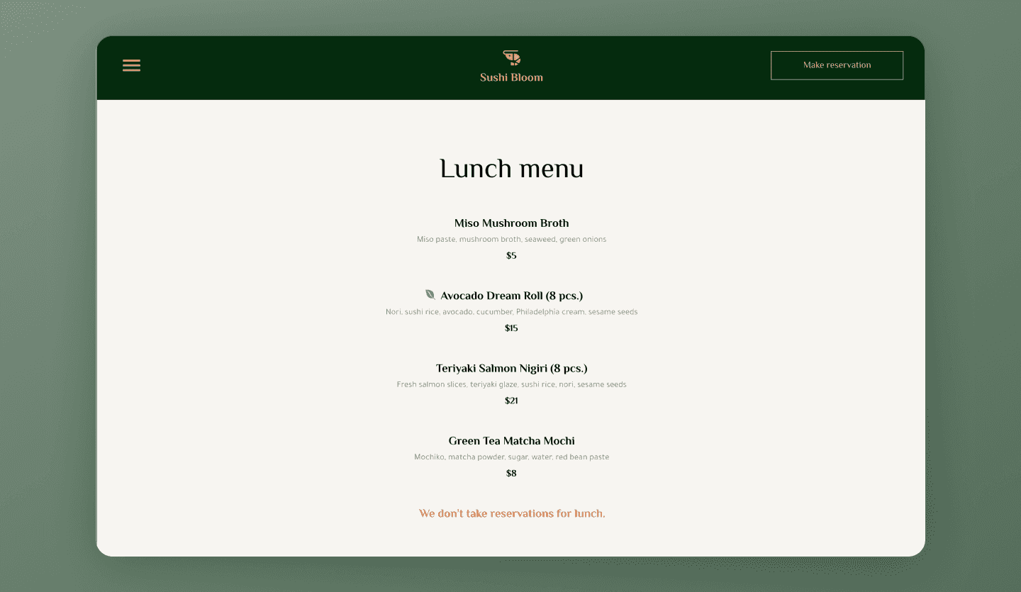 Sushi restaurant website design menu preview page