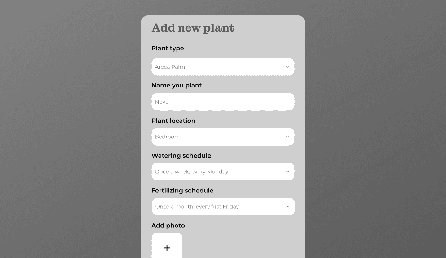 Plant care app wireframe design add new plant page