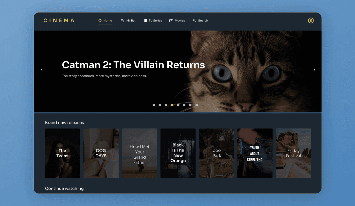 Movie streaming web app template home screen