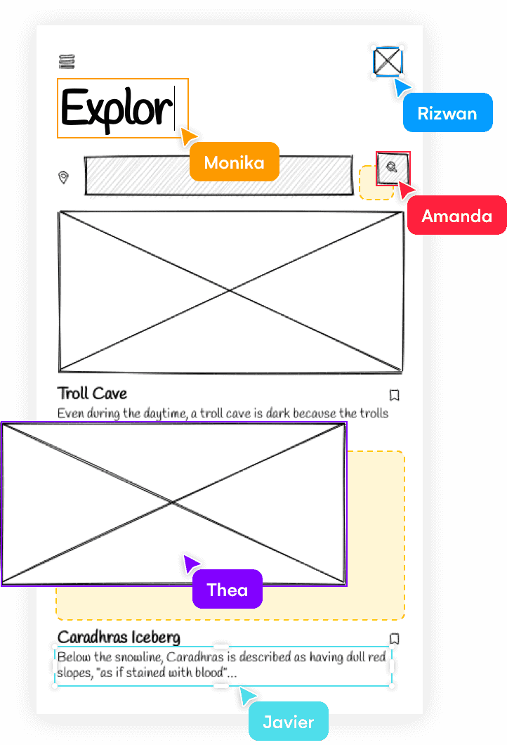 Screenshot showing a group of people collaborating in real-time tocreate a mobile app in Uizard