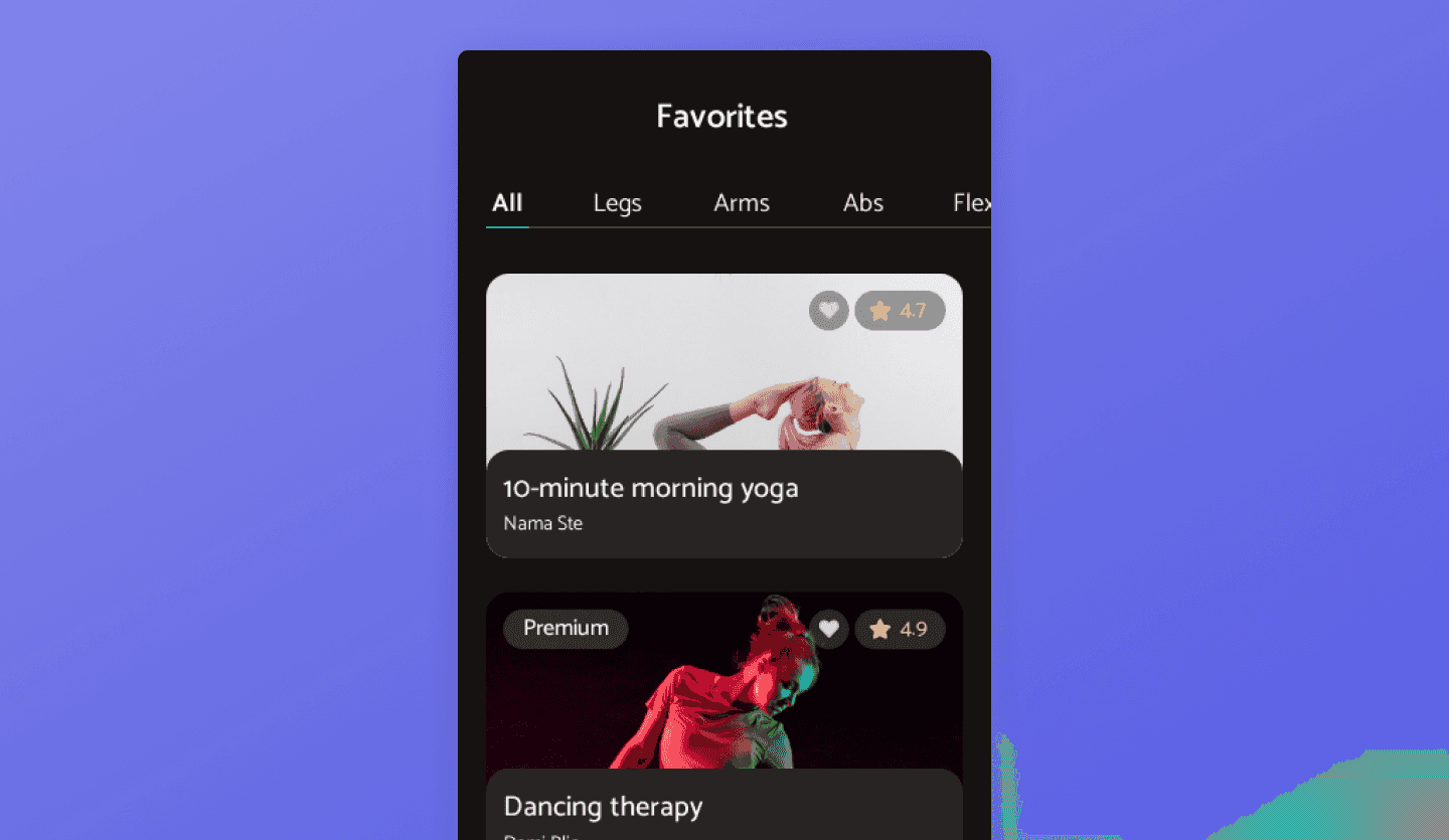 mobile fitness app design favourite workouts screen