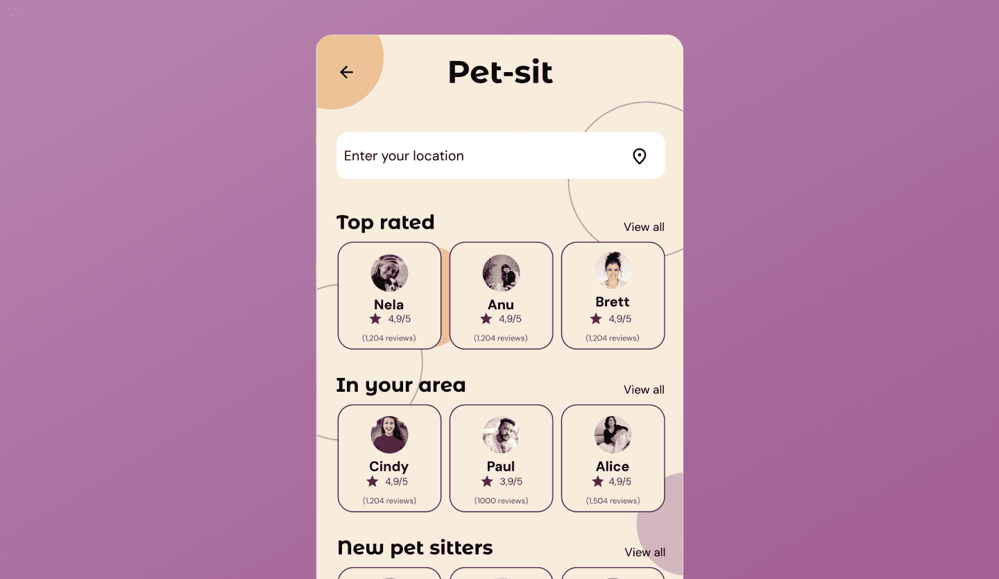 Pet sitter app UI design template search screen