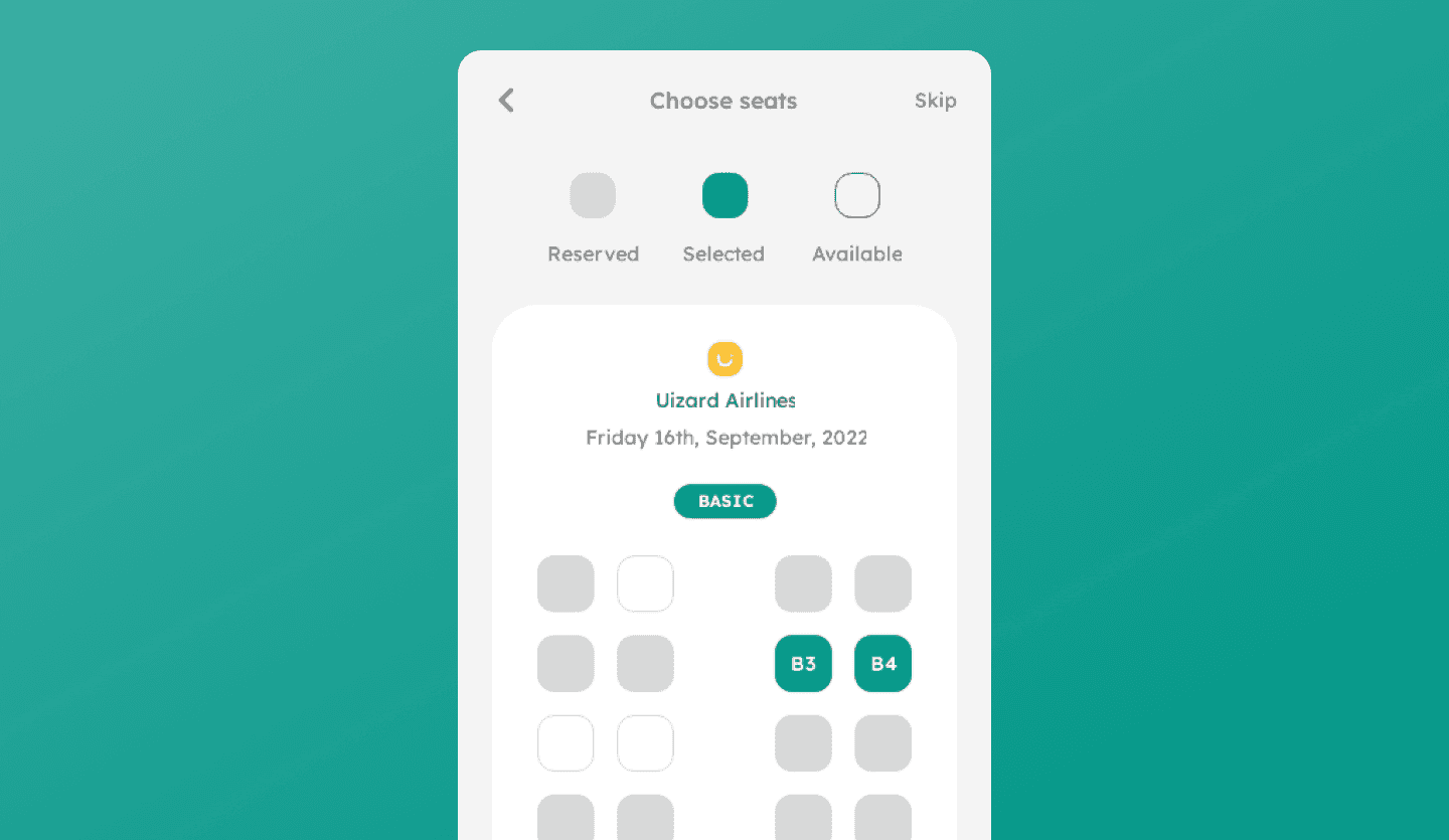 mobile flight ticket app design seat selector screen