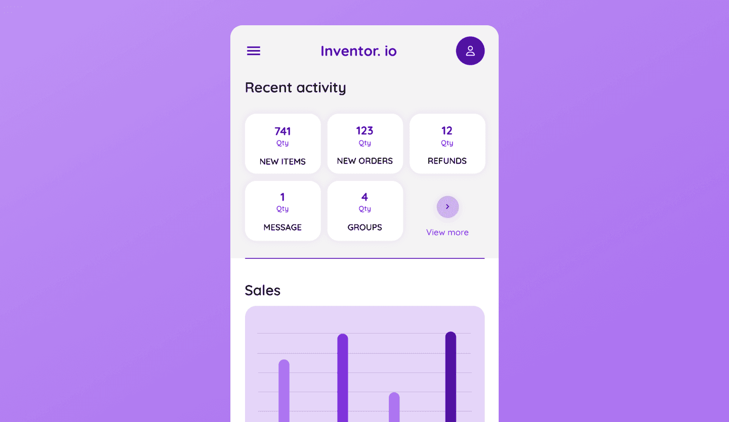 Inventory management app UI design homescreen
