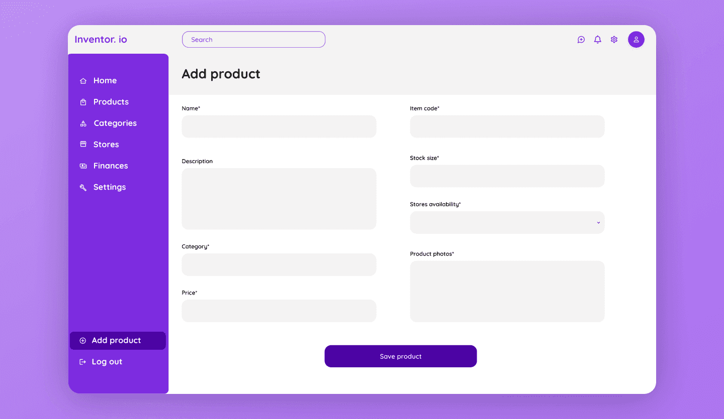 Inventory web app template product screen