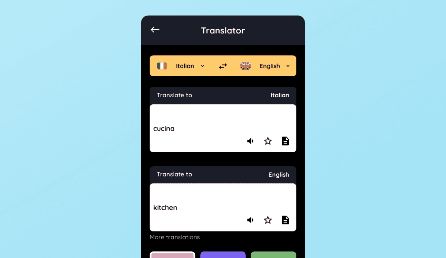 Dictionary dark mode app UI design template translate screen