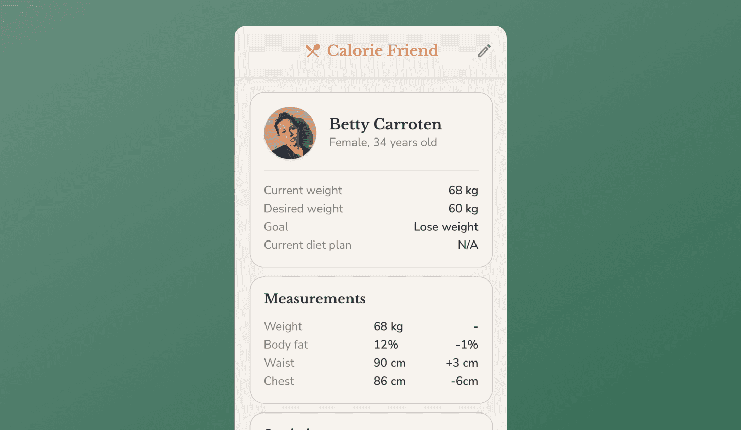 Calorie tracking app UI design profile screen