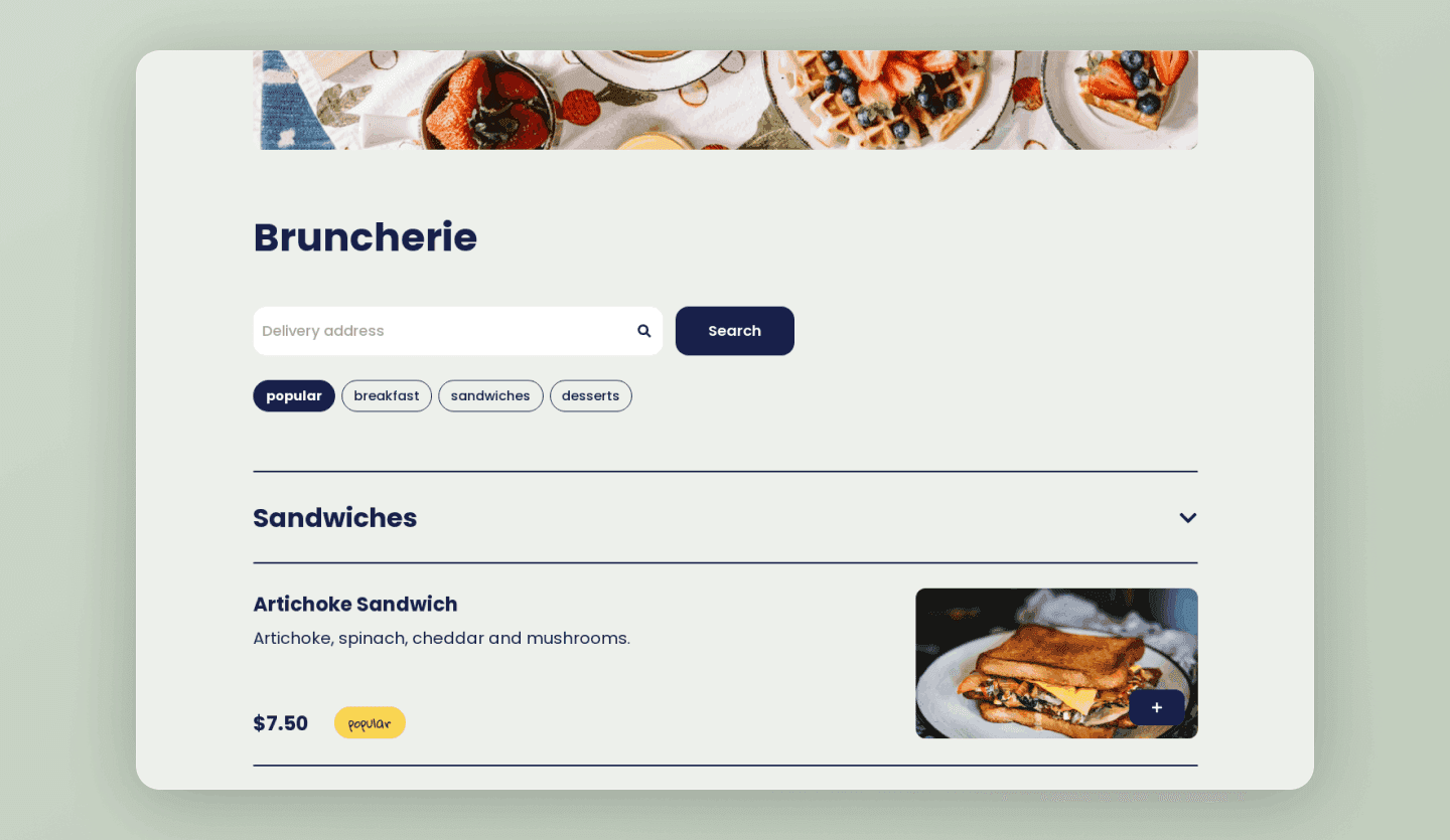 Screenshot of QuickBite, an online food delivery website: restaurant page