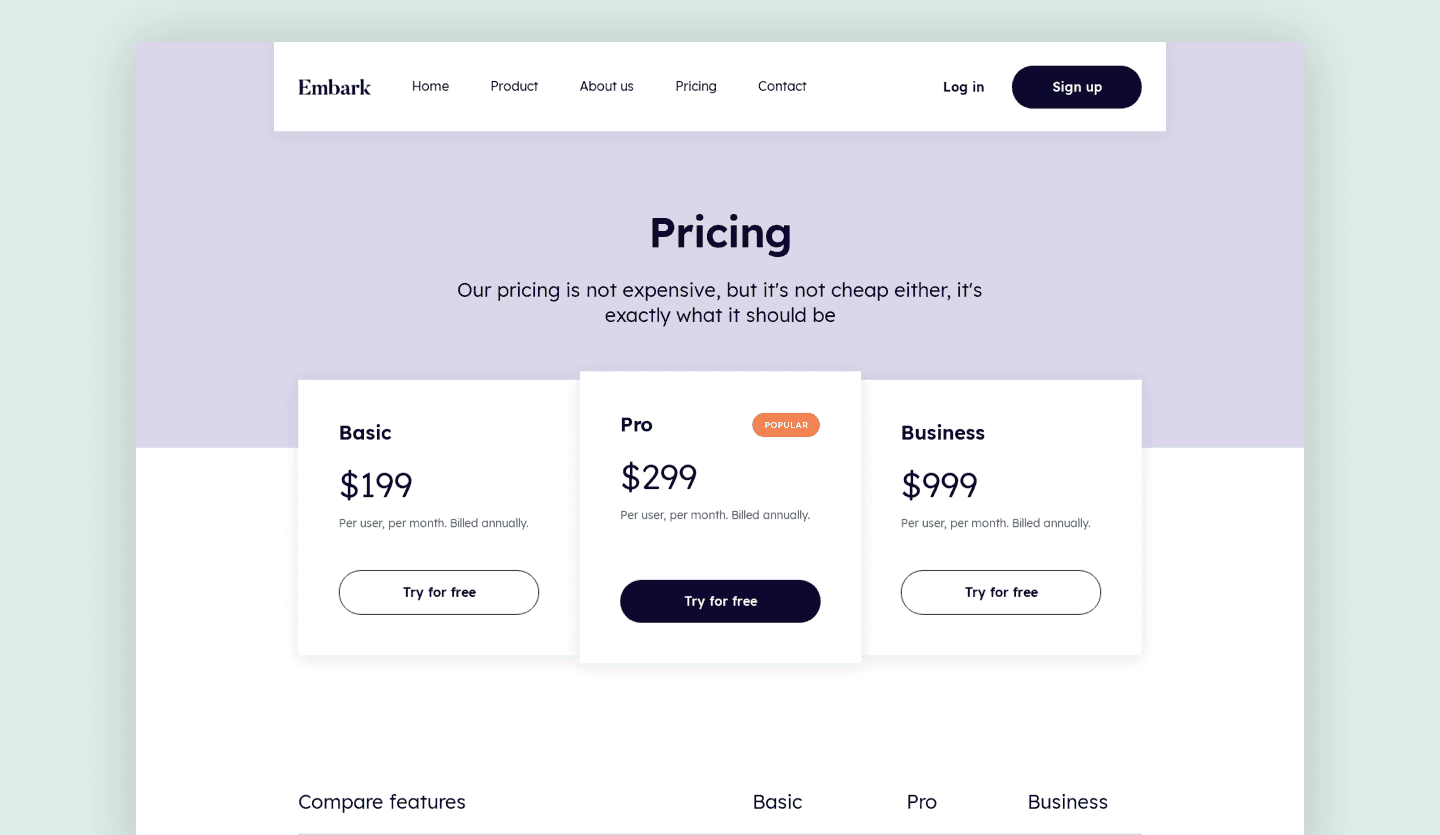 Screenshot of Embark's business home page: pricing page
