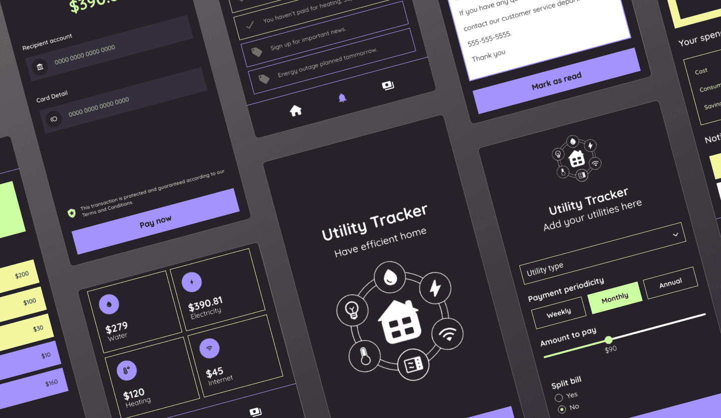Utility tracker dark mode app UI design template summary