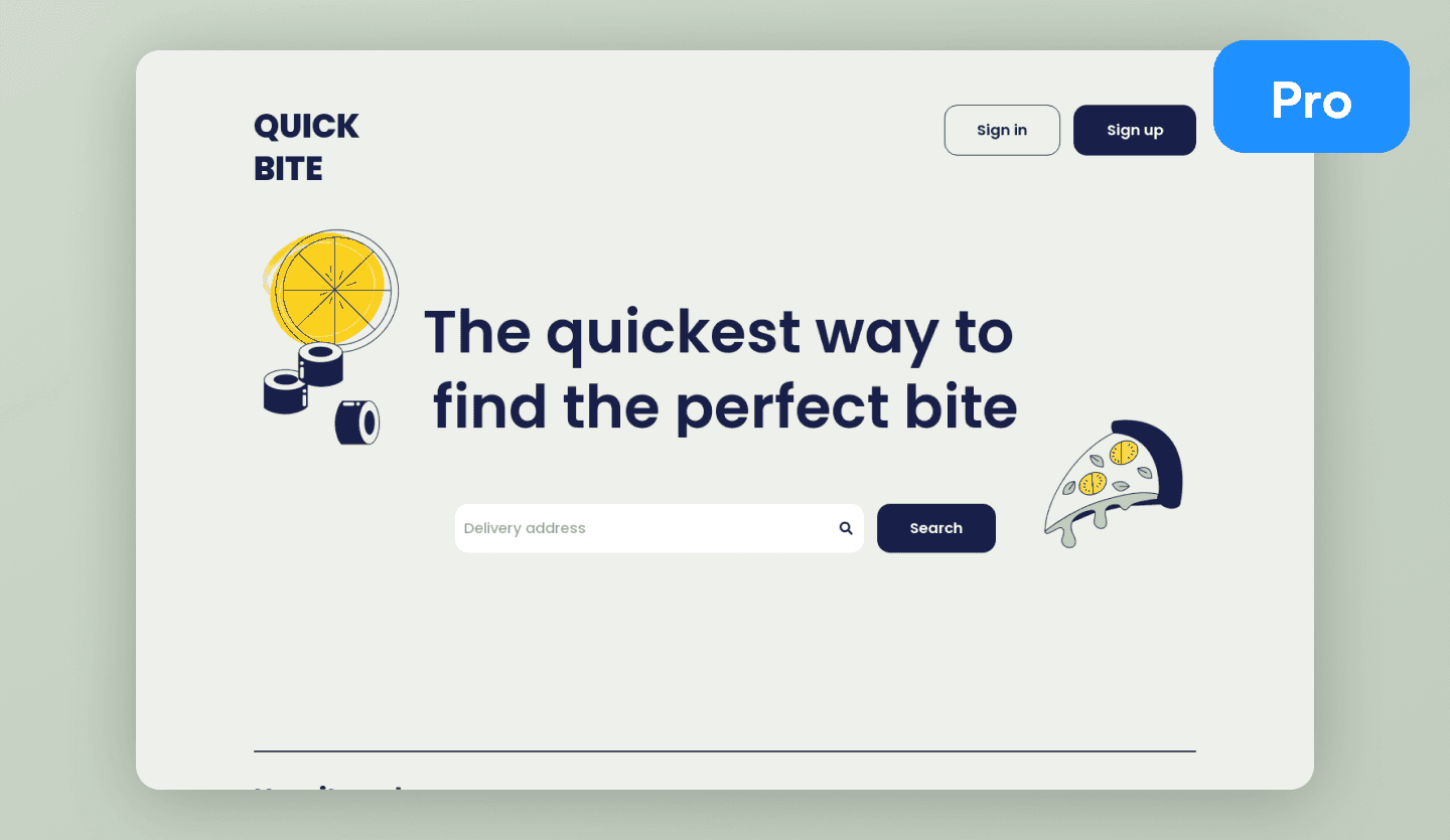 Screenshot of QuickBite, an online food delivery website: home page