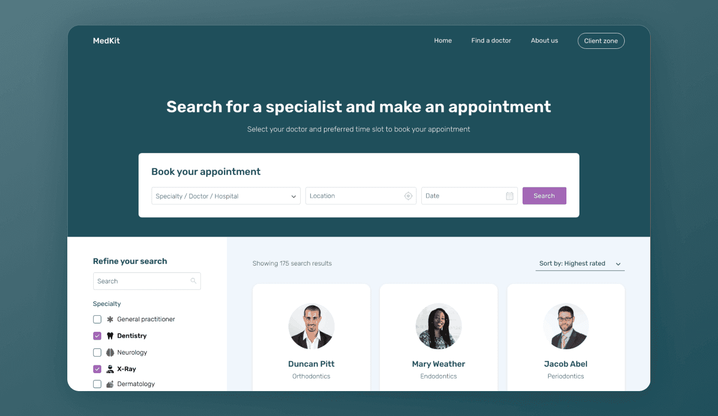 Medical website design search page